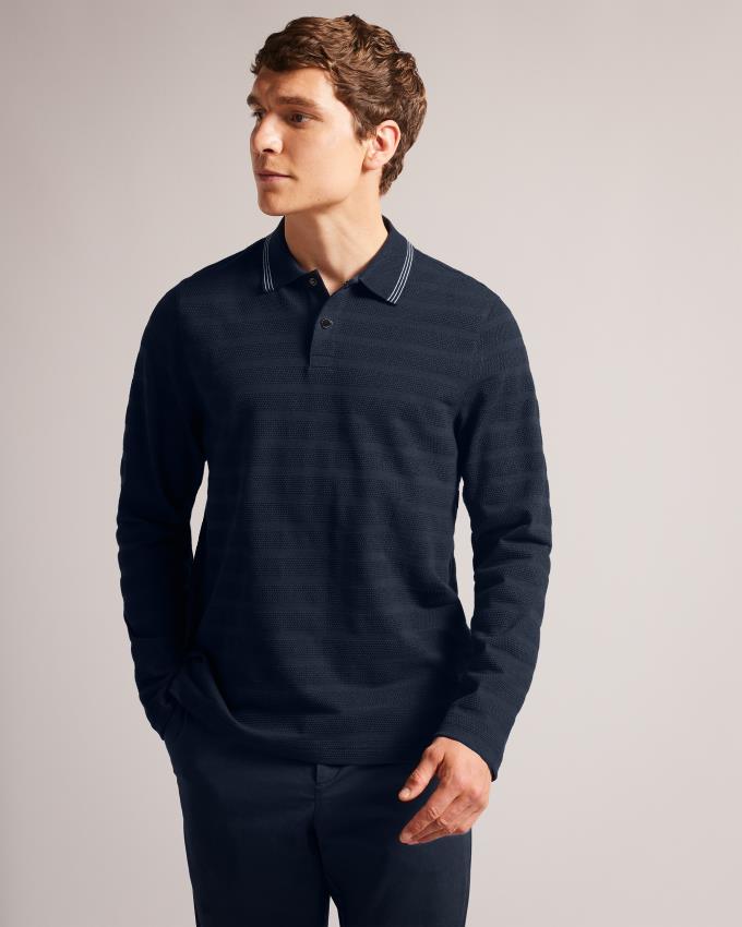 Polo Ted Baker Long Sleeve Textured Stripe Bleu Marine Homme | QAS-63300720